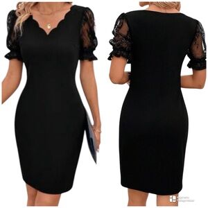 SHEIN Elegant V-Neck Scalloped Lace Short Sleeves Pencil Skirt Dress